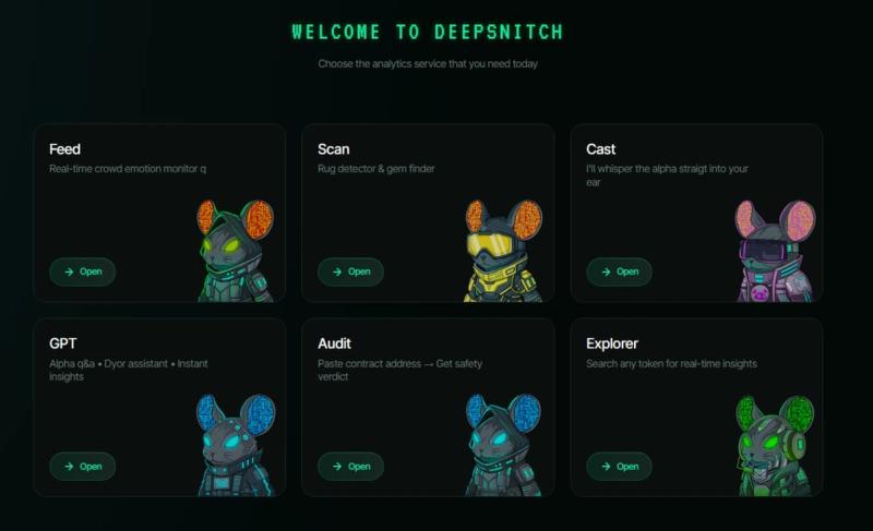 DeepSnitch AI dashboard interface showing six modules labeled Feed, Scan, Cast, GPT, Audit, and Explorer with robot icons on a dark green background
