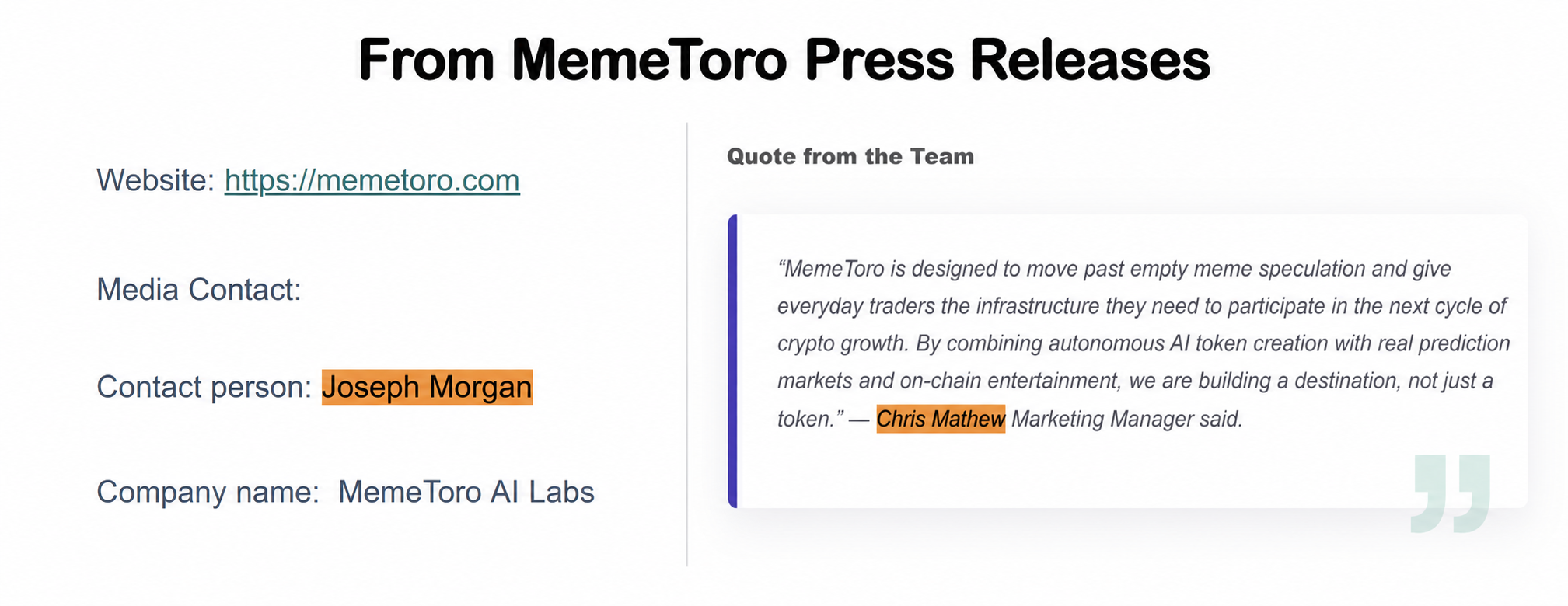Side-by-side MemeToro press release excerpts showing Joseph Morgan as the media contact and a team quote attributed to marketing manager Chris Mathew.