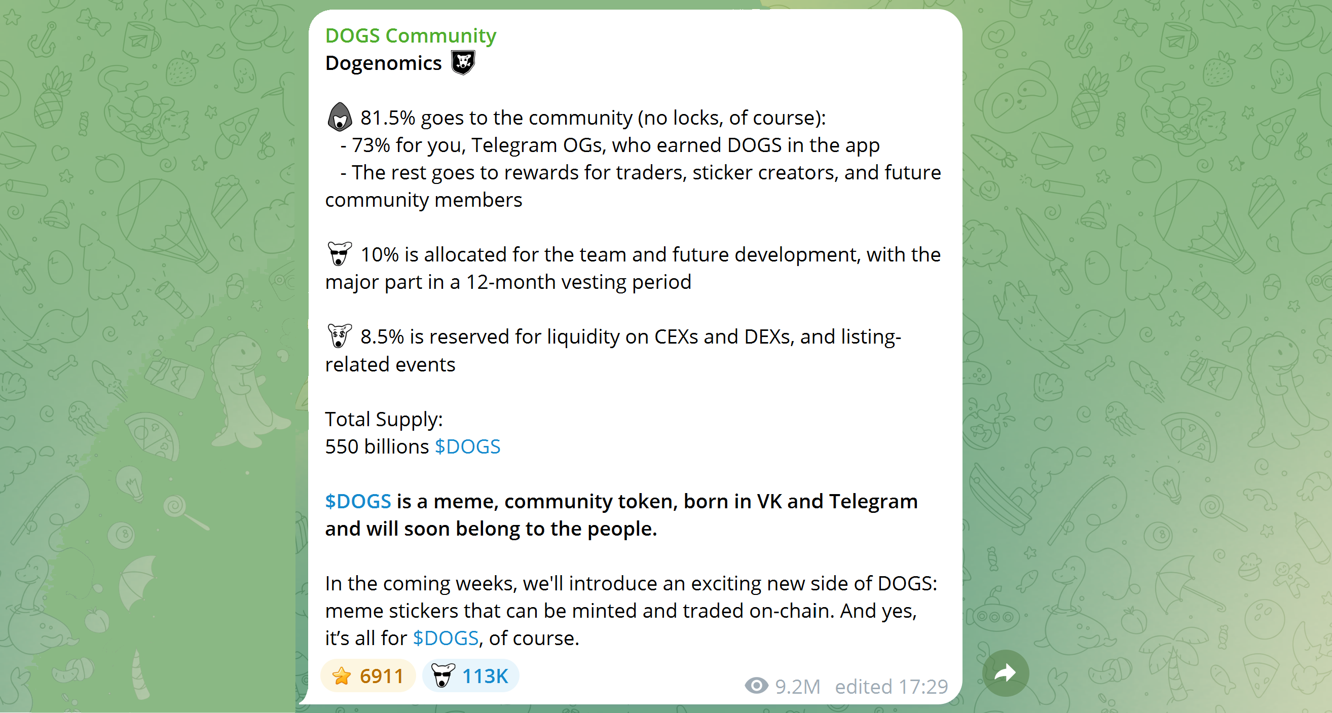 A telegram message from the DOGS Community channel describing the tokenomics of the project