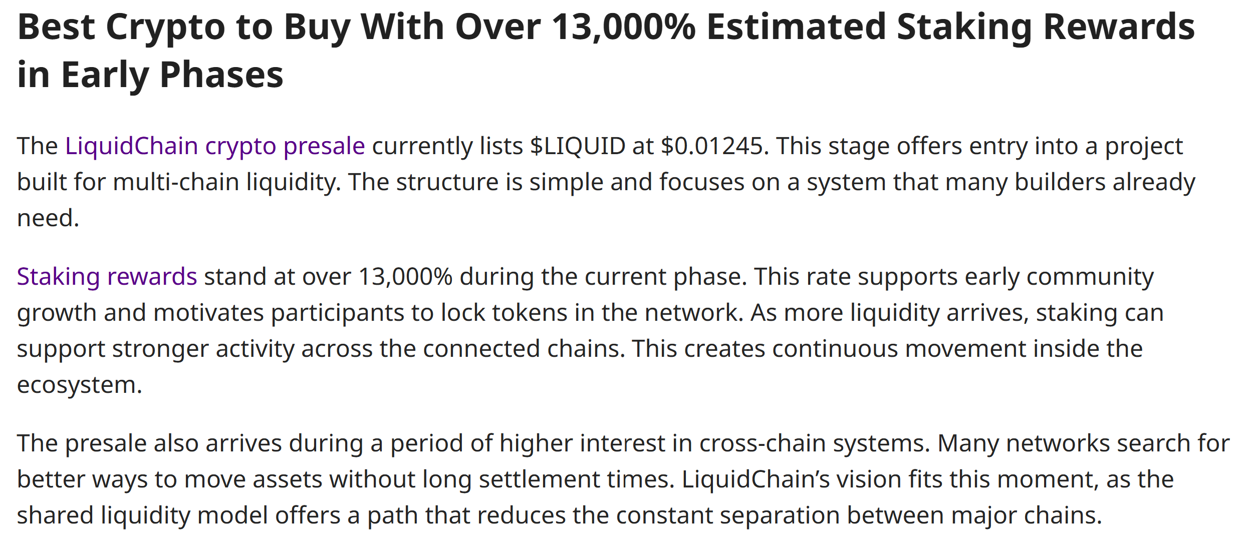 Screenshot from a sponsored CryptoNews article promoting the LiquidChain presale, highlighting a 13,000% estimated staking APY for the LIQUID token.