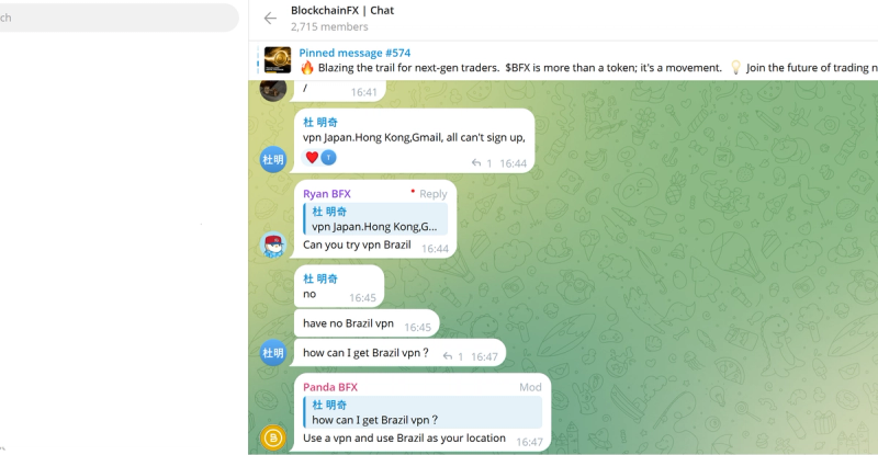 Screenshot of a BlockchainFX Telegram moderator advising a user from China to use a Brazil VPN after signup attempts failed with Japan and Hong Kong locations.