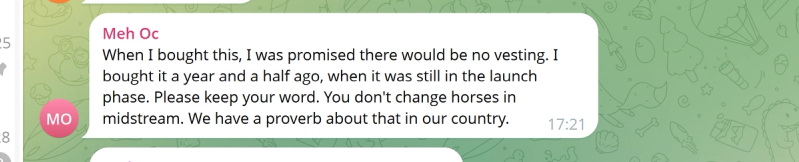 Screenshot of a Telegram chat message from a user named “Meh Oc” stating they were promised no vesting when they bought XYZVerse during the launch phase and asking the team to keep their word, with a timestamp shown on the message.