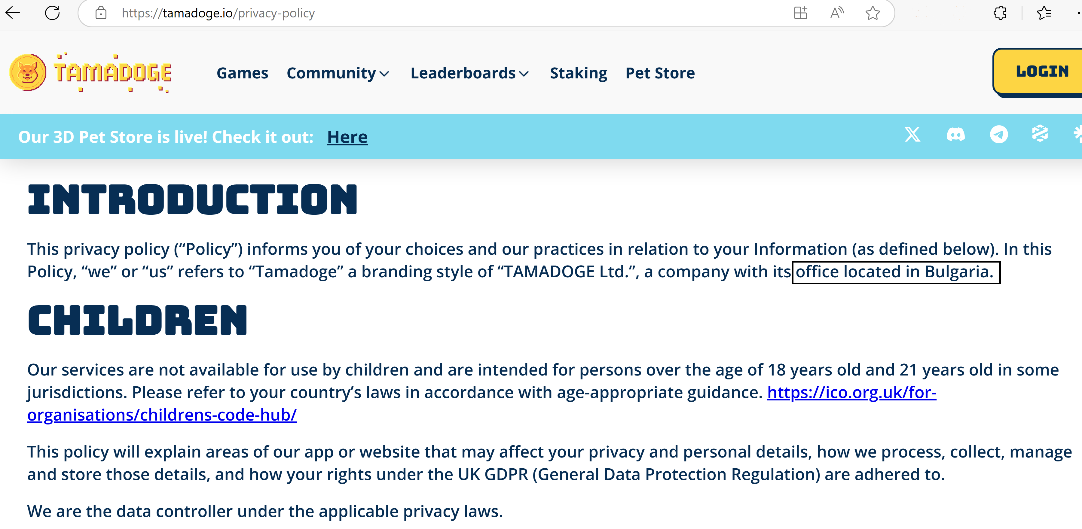 A screenshot from Tamadoge’s privacy policy showing its stated location in Bulgaria, reinforcing crypto project links