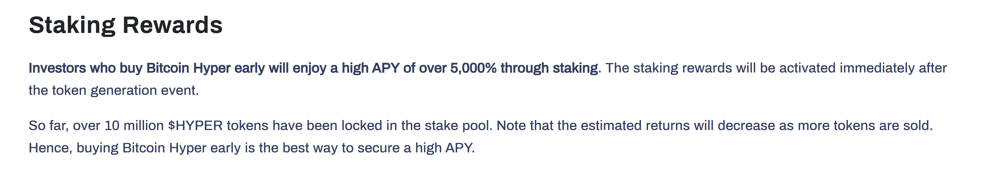 Promotional text claiming early Bitcoin Hyper buyers can earn over 5,000% APY through staking, with over 10 million tokens already locked
