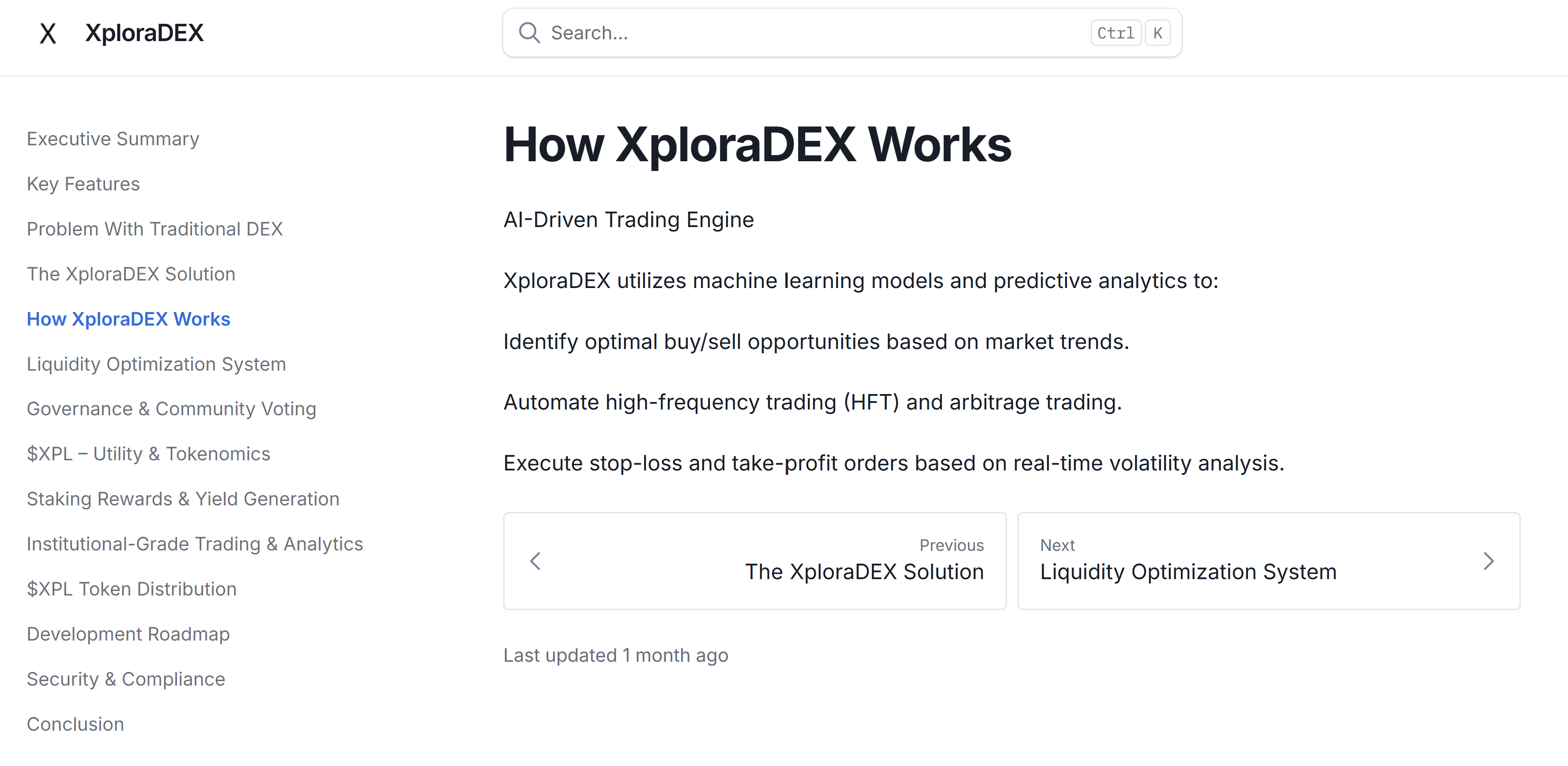 Screenshot of XploraDEX GitBook whitepaper section titled “How XploraDEX Works”, showing minimal text on a white background with black font.