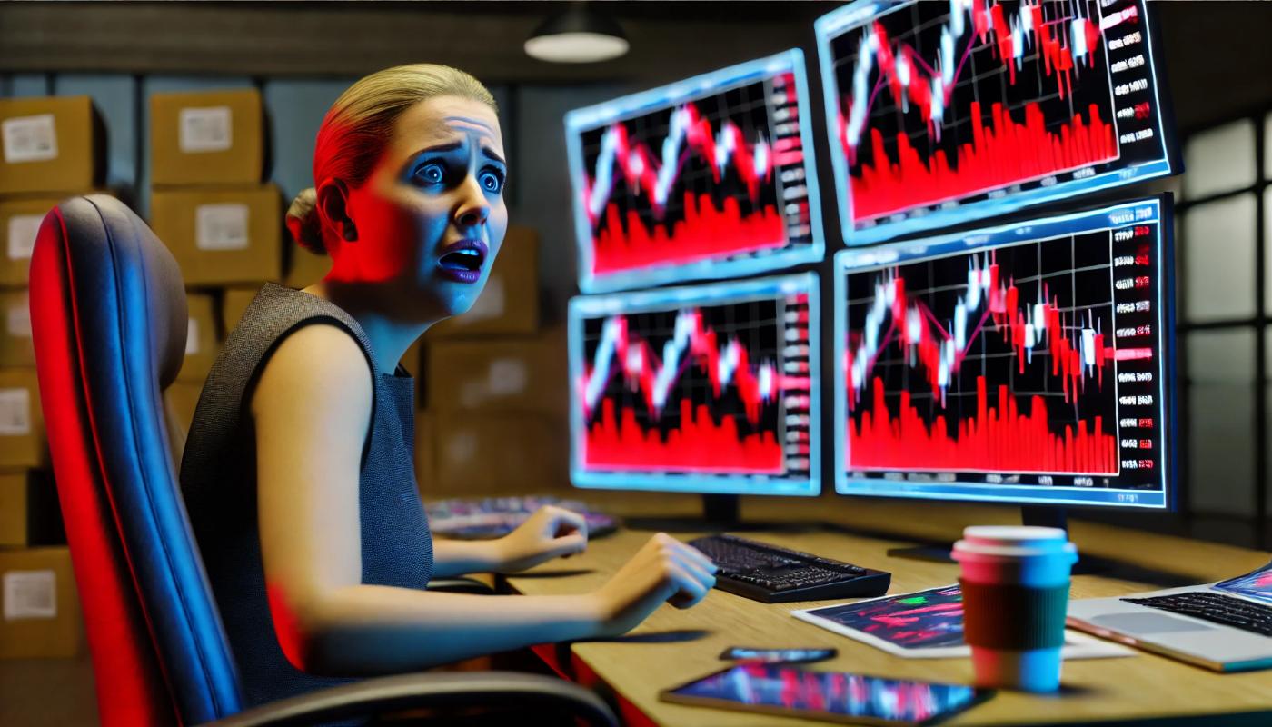 A distressed woman trader sitting at a desk, her expression filled with shock and panic as she stares at multiple computer screens displaying red candlestick charts and sharp price drops.