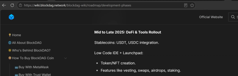 Screenshot of the BlockDAG Wiki roadmap page showing the "Mid to Late 2025: DeFi & Tools Rollout" section. The roadmap includes a planned stablecoin feature described as "USDT, USDC integration" alongside other DeFi products such as a launchpad, token creation tools, vesting, swaps, airdrops, and staking functionality.