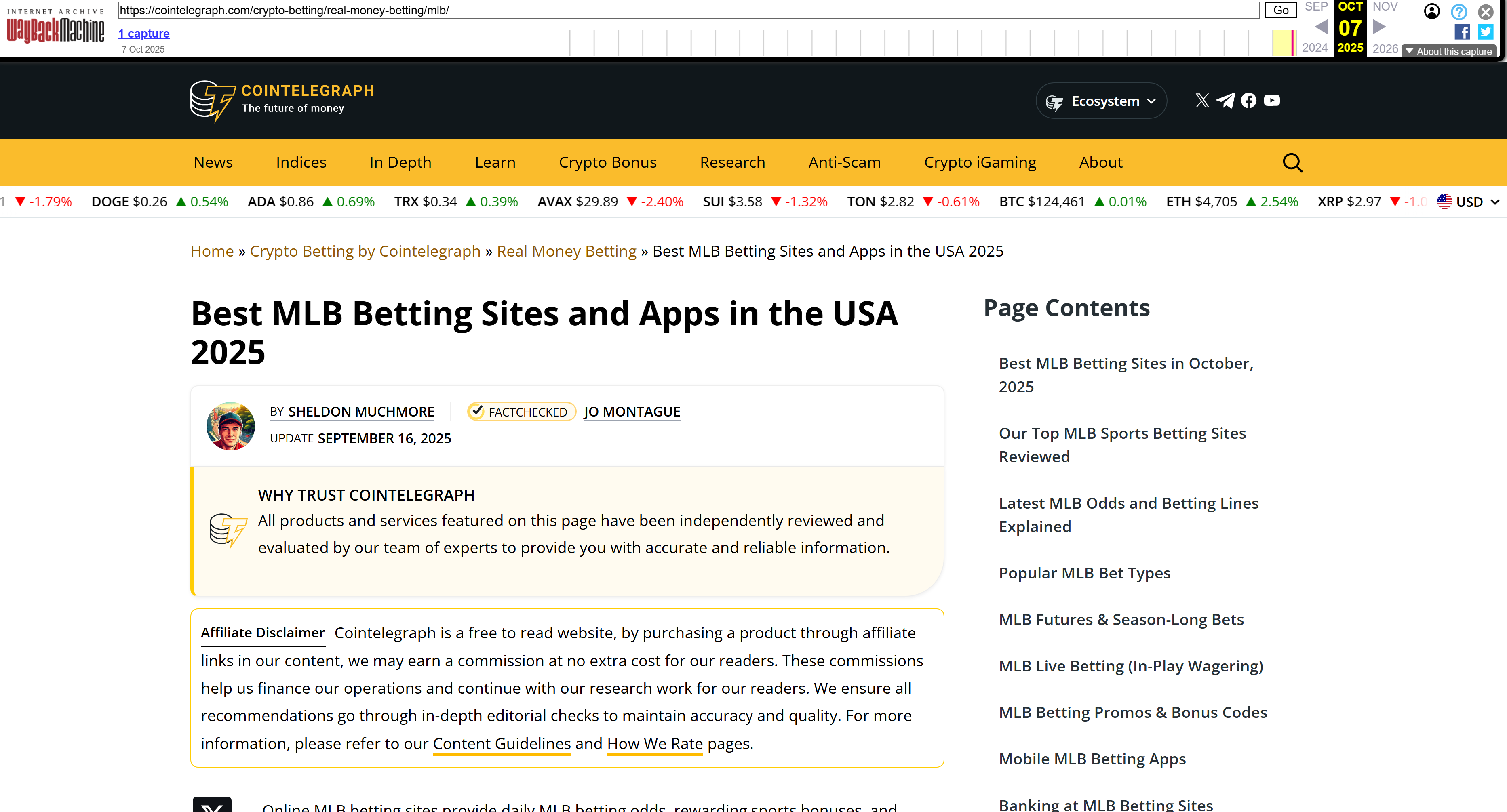 Screenshot of Cointelegraph’s “Best MLB (Major League Baseball) Betting Sites and Apps in the USA” page, archived by the Wayback Machine on October 7, 2025, showing gambling-related content from the outlet’s former iGaming section.