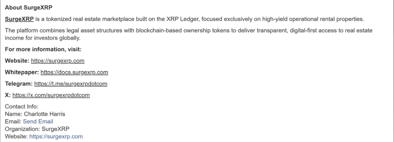 Screenshot of a press release contact section for SurgeXRP showing links to the project website, whitepaper, Telegram, and X account. The contact information lists “Charlotte Harris” as the named media contact for the organization alongside an email link and the SurgeXRP website.