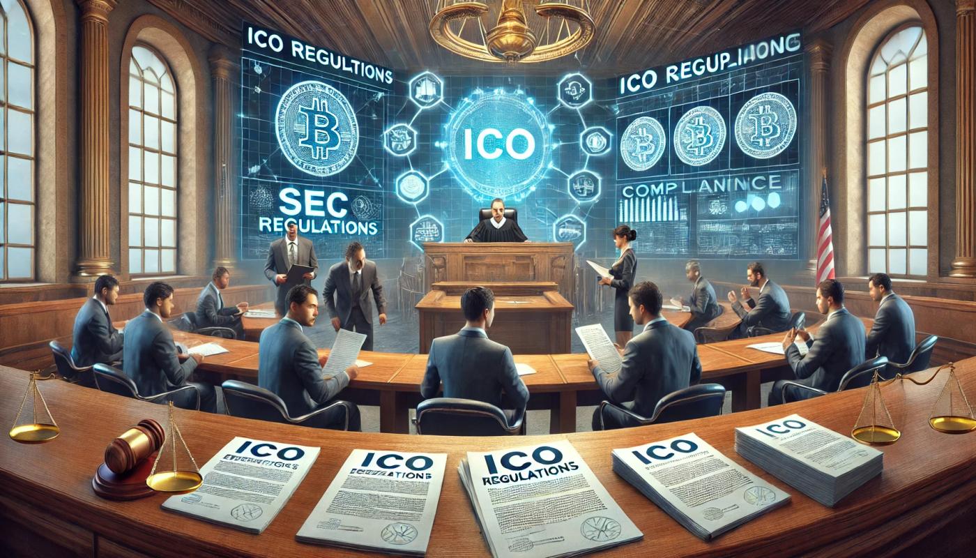 A courtroom scene depicting ICO Regulation and Compliance. A judge presides over a case with legal professionals presenting documents labeled 'SEC Regulations' and 'Compliance Guidelines' on one side, and concerned representatives of a blockchain company on the other. Digital screens in the background display blockchain networks and token transactions, highlighting the seriousness and complexity of the situation.