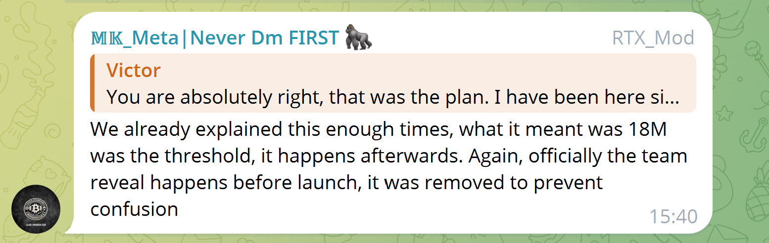 Screenshot from the Remittix Telegram group showing an admin stating that the $18M milestone was a threshold, the team reveal will happen before launch, and the roadmap item was removed to avoid confusion.