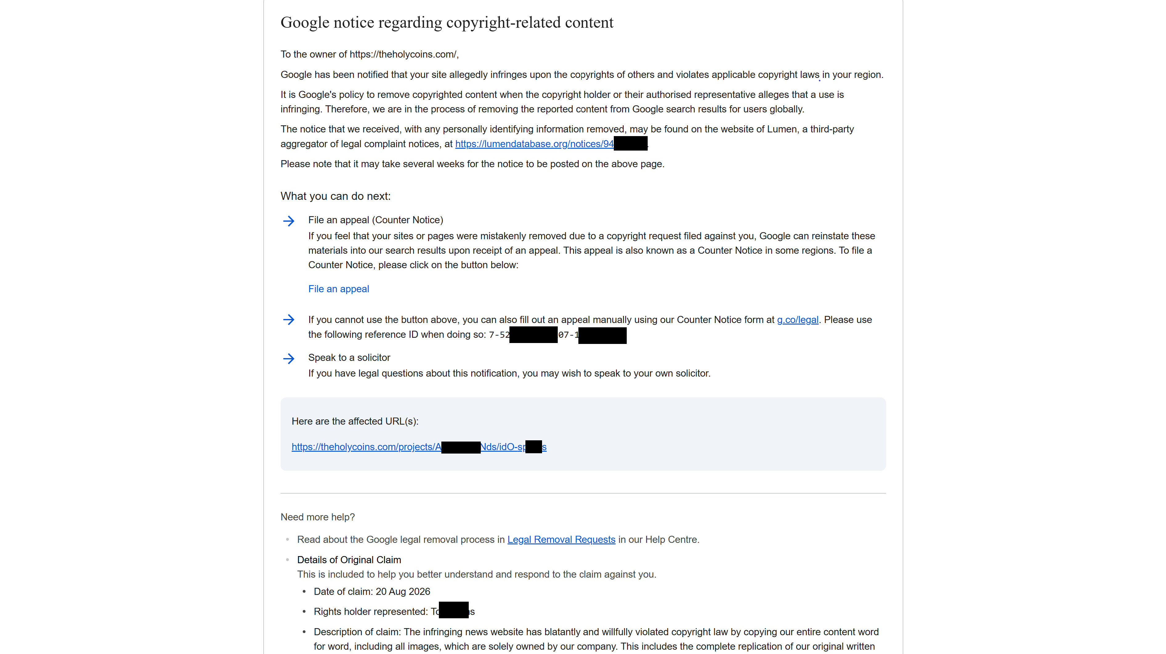 Screenshot of Google’s copyright-removal notice to TheHolyCoins, showing appeal instructions and a mixed-case URL in a shaded box. Parts of the URL and identifying details are blacked out.