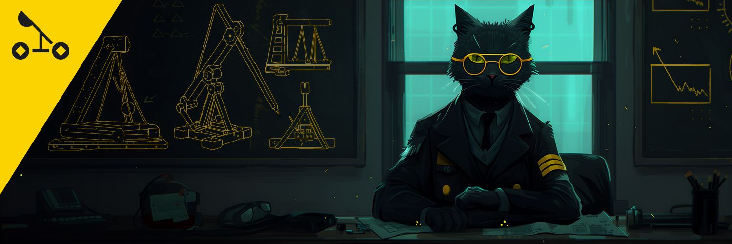 On a dark background, a cat wearing sunglasses sits on a chair, leaning against a table, and looks toward the viewer