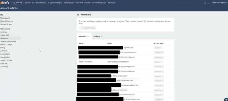 Dashboard screenshot showing one visible user entry with all other names redacted using black stripes