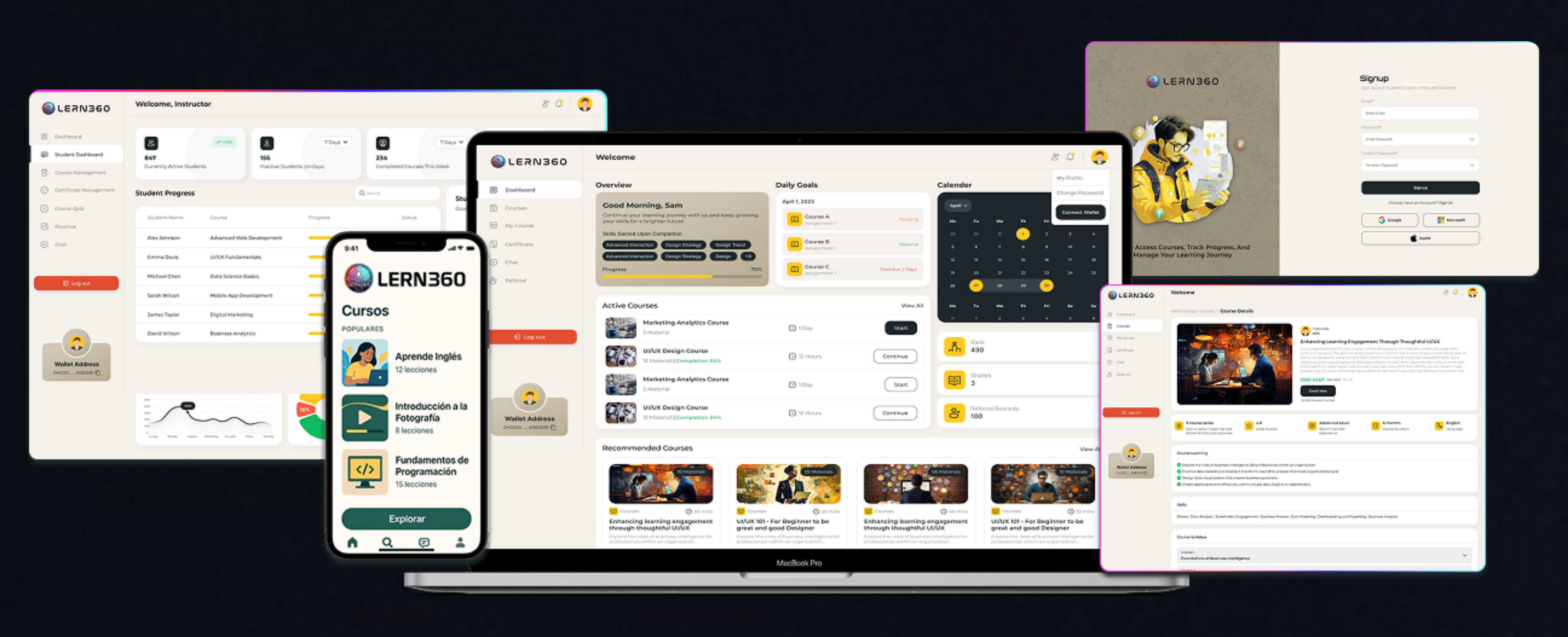 Lern360 platform preview showing multiple device screens, including mobile and desktop views of the login page, instructor dashboard, and other user interface elements