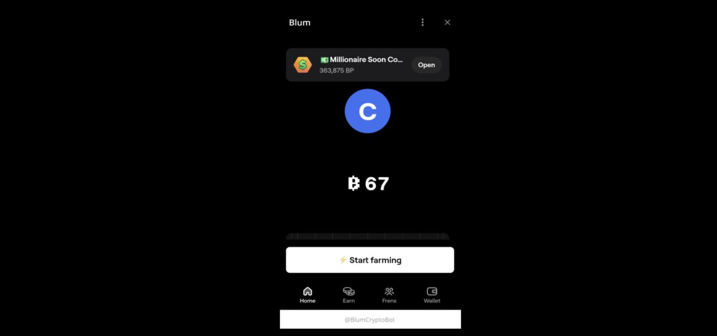 A printscreen of the Blum Telegram application. It shows 67 Blum point accumulated, and a Start Farming button.