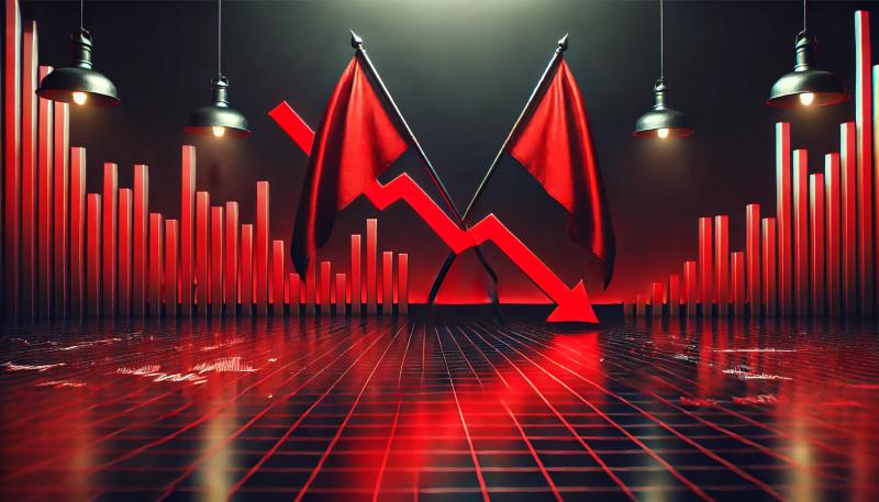 Red downward graph with crossed red flags on a dark background