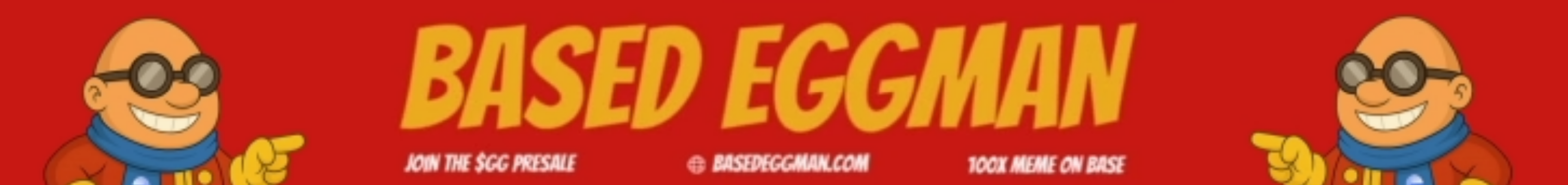 Two Based Eggman characters on each side of the banner pointing toward the centered title of the best crypto presale