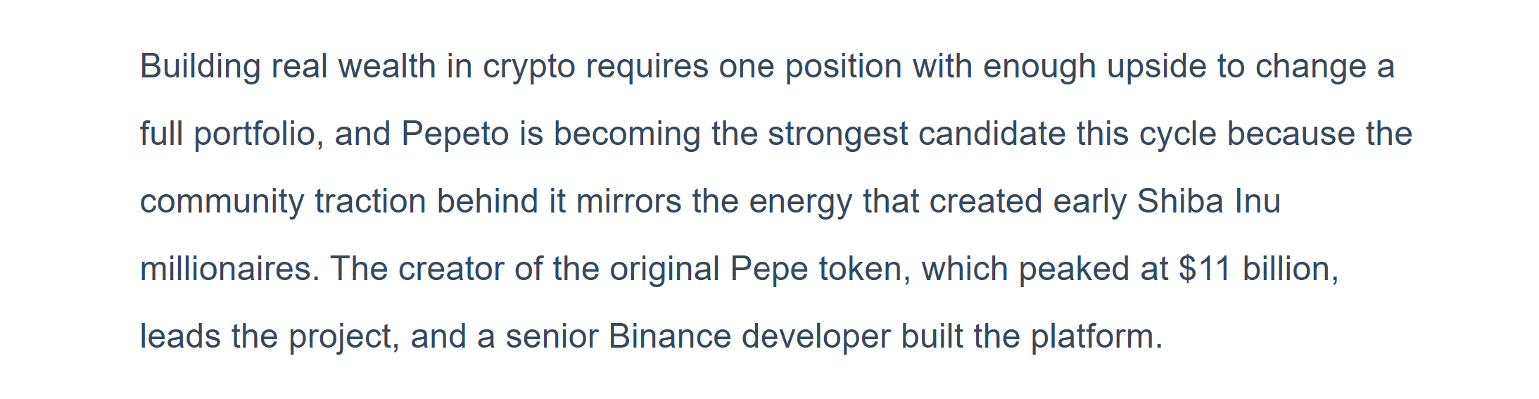 Screenshot of a press release paragraph claiming Pepeto has strong community traction similar to early Shiba Inu, stating the original Pepe token creator leads the project and a senior Binance developer built the platform.