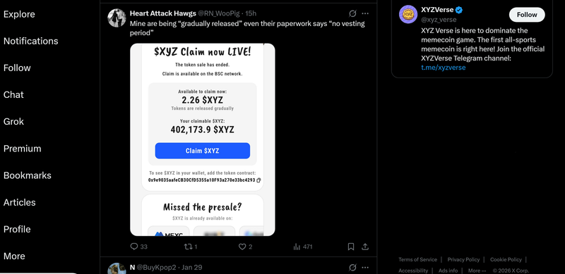 Screenshot of an X (Twitter) post where a user says their XYZ tokens are being “gradually released” despite paperwork stating no vesting, alongside a claim page showing only 2.26 XYZ available to claim out of 40,173.9 XYZ total.