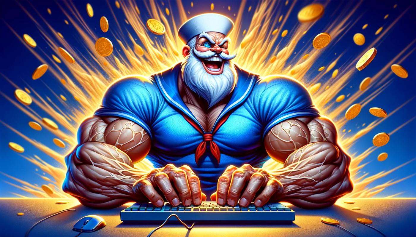 A muscular Popeye in a blue outfit sitting at a computer, tapping on the keyboard. Golden coins burst in the background against a blue backdrop