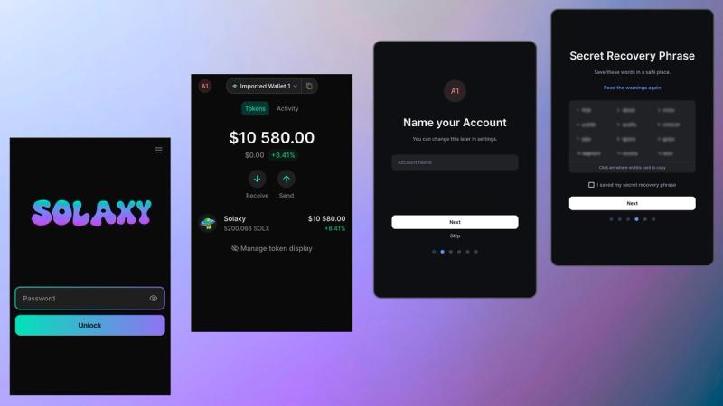 Four dark-themed interface screens showing login, balance overview, account setup, and secret recovery phrase for Solaxy’s crypto wallet.