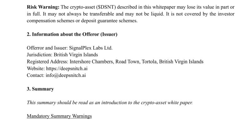 DeepSnitch AI whitepaper page showing risk warning and issuer details for SignalPlex Labs Ltd. registered in the British Virgin Islands