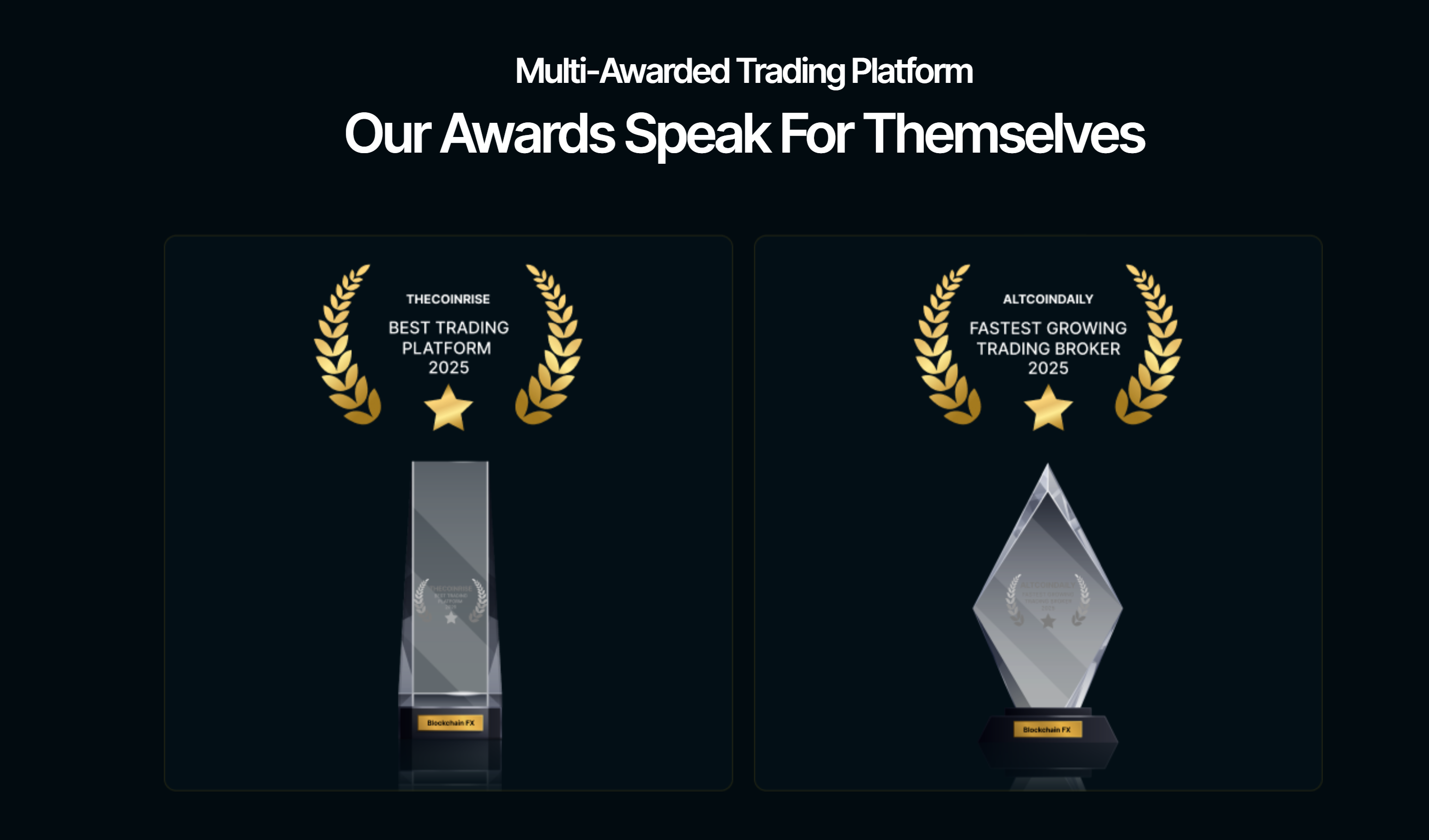 Graphic on the BlockchainFX homepage showing titles for “Best Trading Platform 2025” and “Fastest Growing Broker 2025” awards.