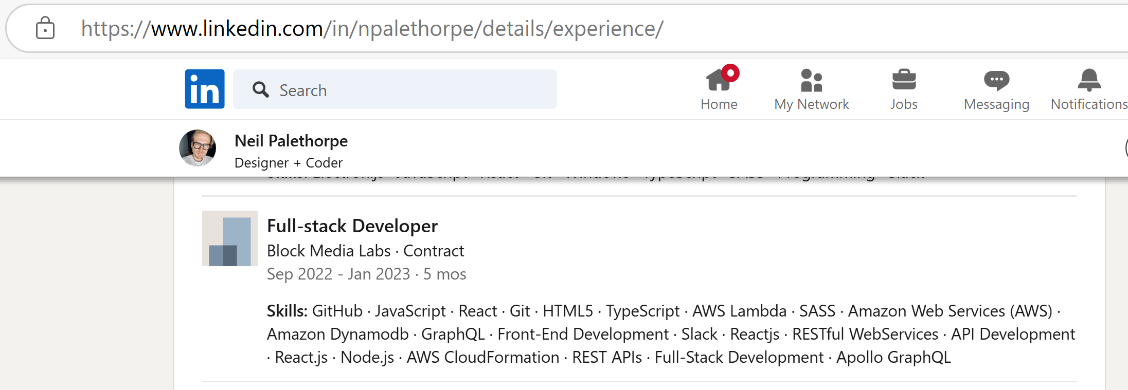 A screenshot from Neil Palethorpe’s LinkedIn profile listing his role at Block Media Labs during Tamadoge’s active period