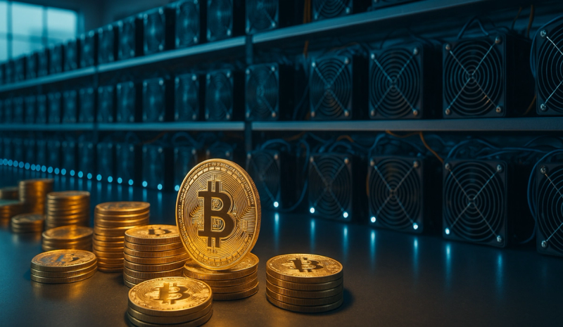 Illustration of crypto cloud mining with three golden Bitcoin symbols in front of a dark blue cloud, a mining rig, and binary code in the background.