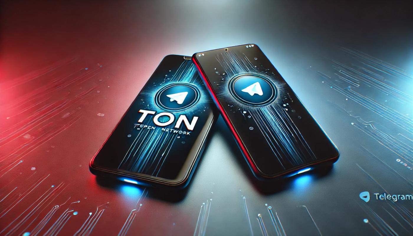 A gradient background transitioning from red to blue to dark. Two phones are slightly overlapping, one displaying the text and logo 'TON' and the other showing the Telegram logo