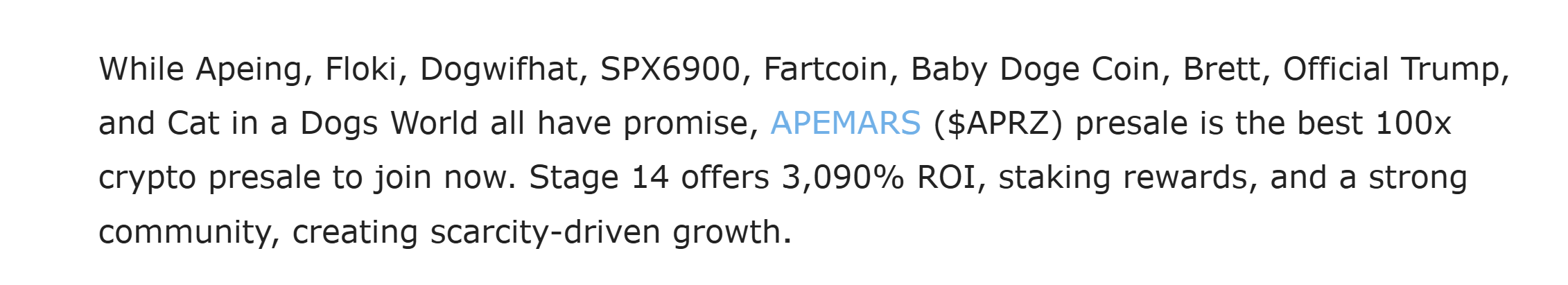 Screenshot of a promotional crypto press release describing ApeMars APRZ as a 100x presale with projected 3,090% ROI alongside other meme coins