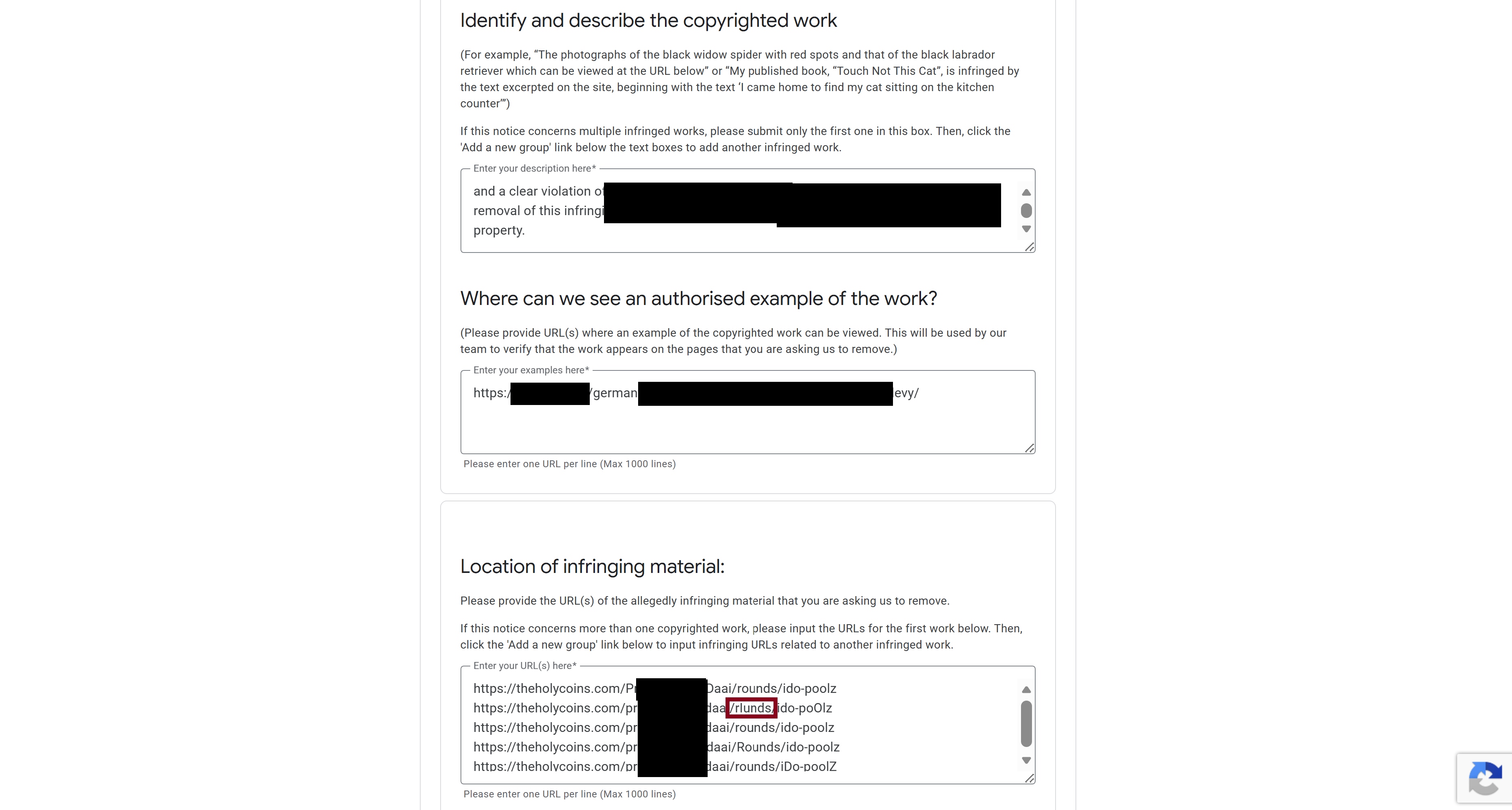 Google’s DMCA form showing a copyright claim description, a partially redacted source URL, and five visible TheHolyCoins URL variants with different capitalization.