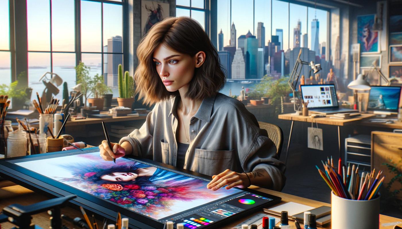 A woman sits on a chair at a desk with a large screen, using a digital pen to paint a picture of another woman. In the background, there is a long window with a city view, showing the sea and many tall buildings
