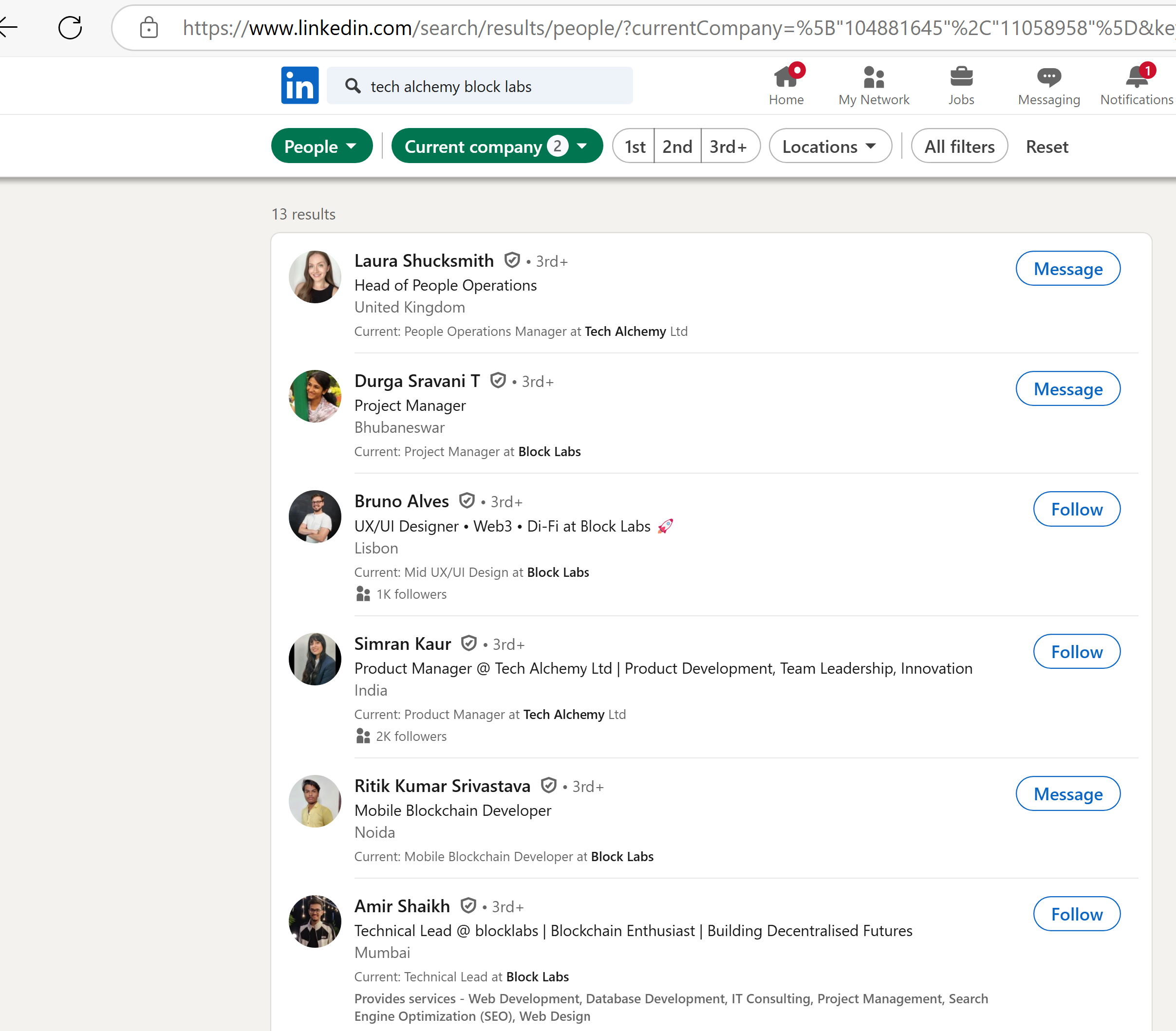 A screenshot of a LinkedIn search query displaying profiles of individuals listed as employees of both Block Labs and Tech Alchemy