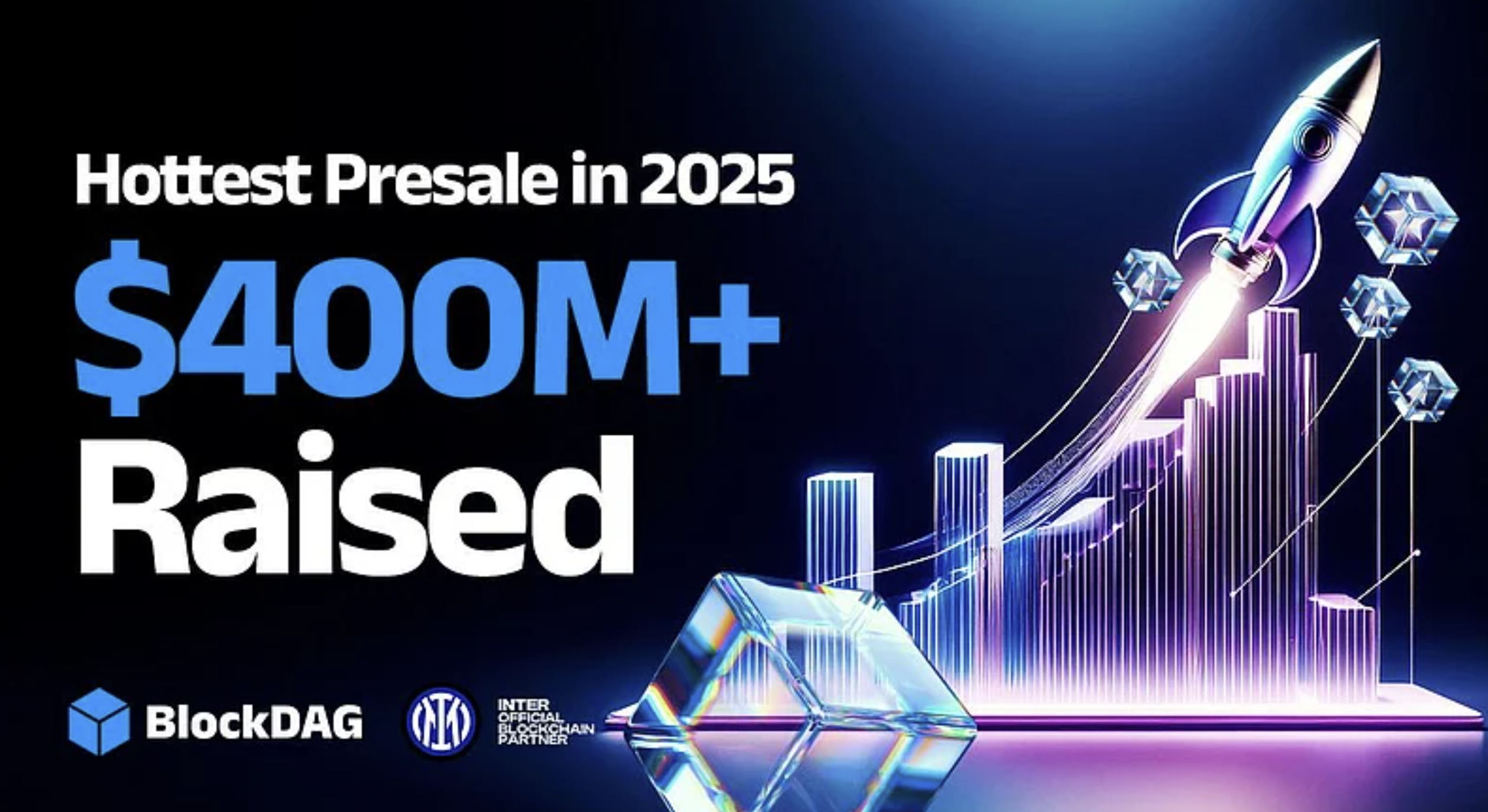 BlockDAG presale promotional graphic claiming over $400 million raised, featuring a rocket launch and rising chart imagery related to a crypto presale campaign.