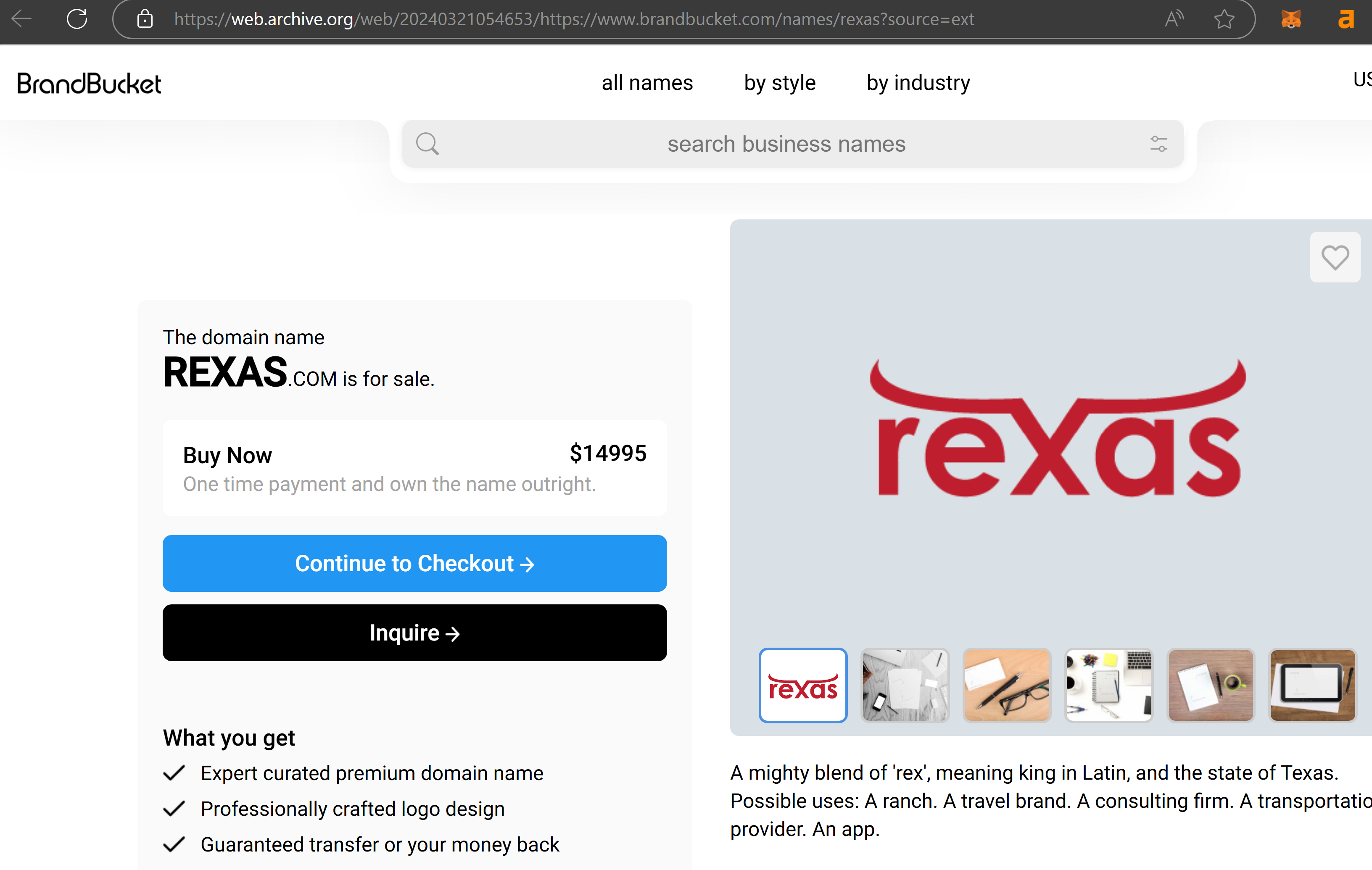 Screenshot of web archives showing the Rexas Finance crypto domain listed for sale