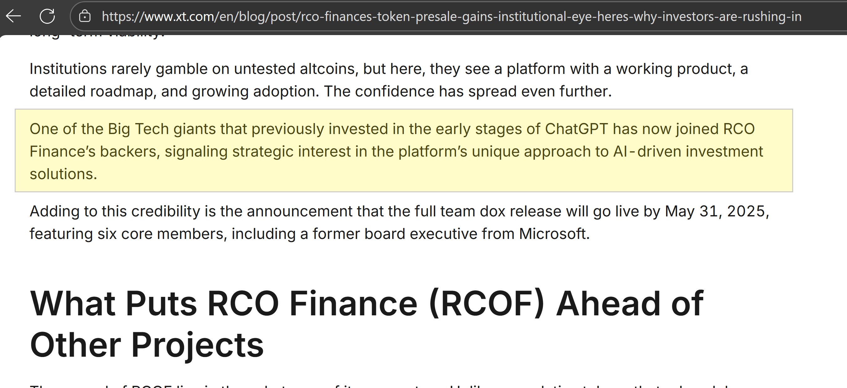 Screenshot from the RCO Finance press release claiming that a Big Tech company involved in ChatGPT had invested in the $36 million crypto presale project.