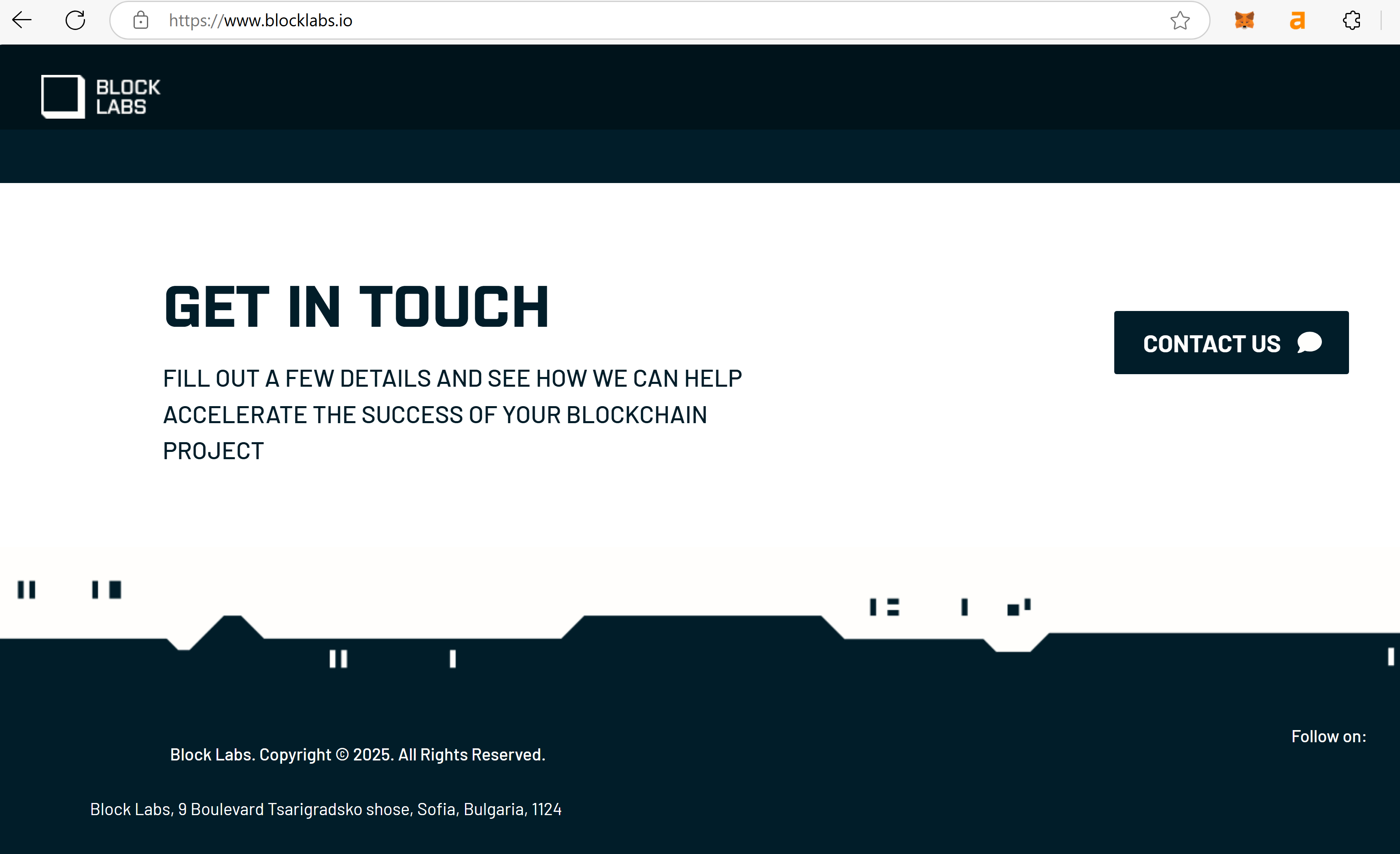 A black-and-white webpage screenshot from Block Labs' website displaying its official address at the bottom of the page.