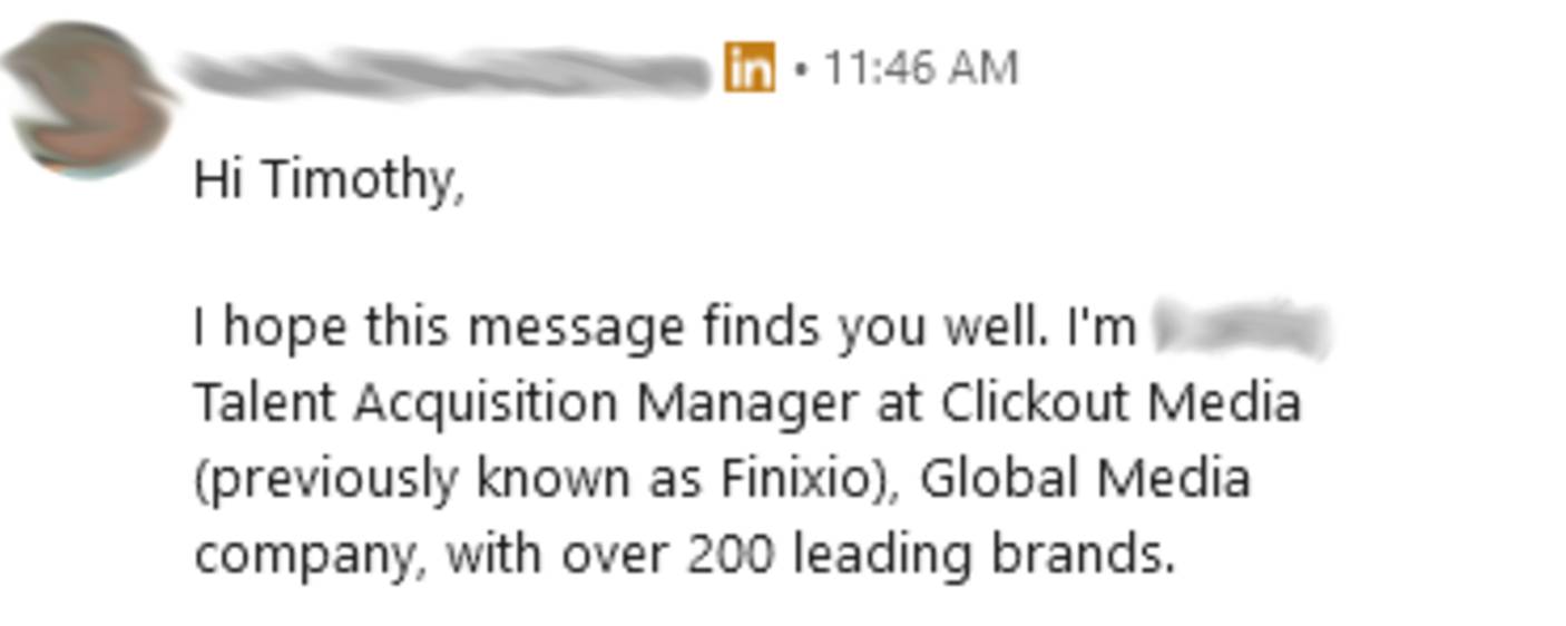 Talent acquisition manager sends introduction message on LinkedIn