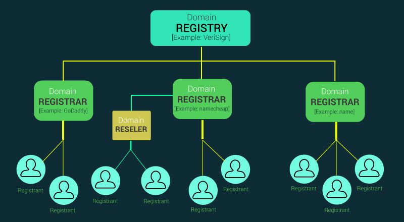 Diagram illustrating the hierarchy of the domain ecosystem: a domain registry at the top, domain registrars in the middle, and individual registrants at the bottom