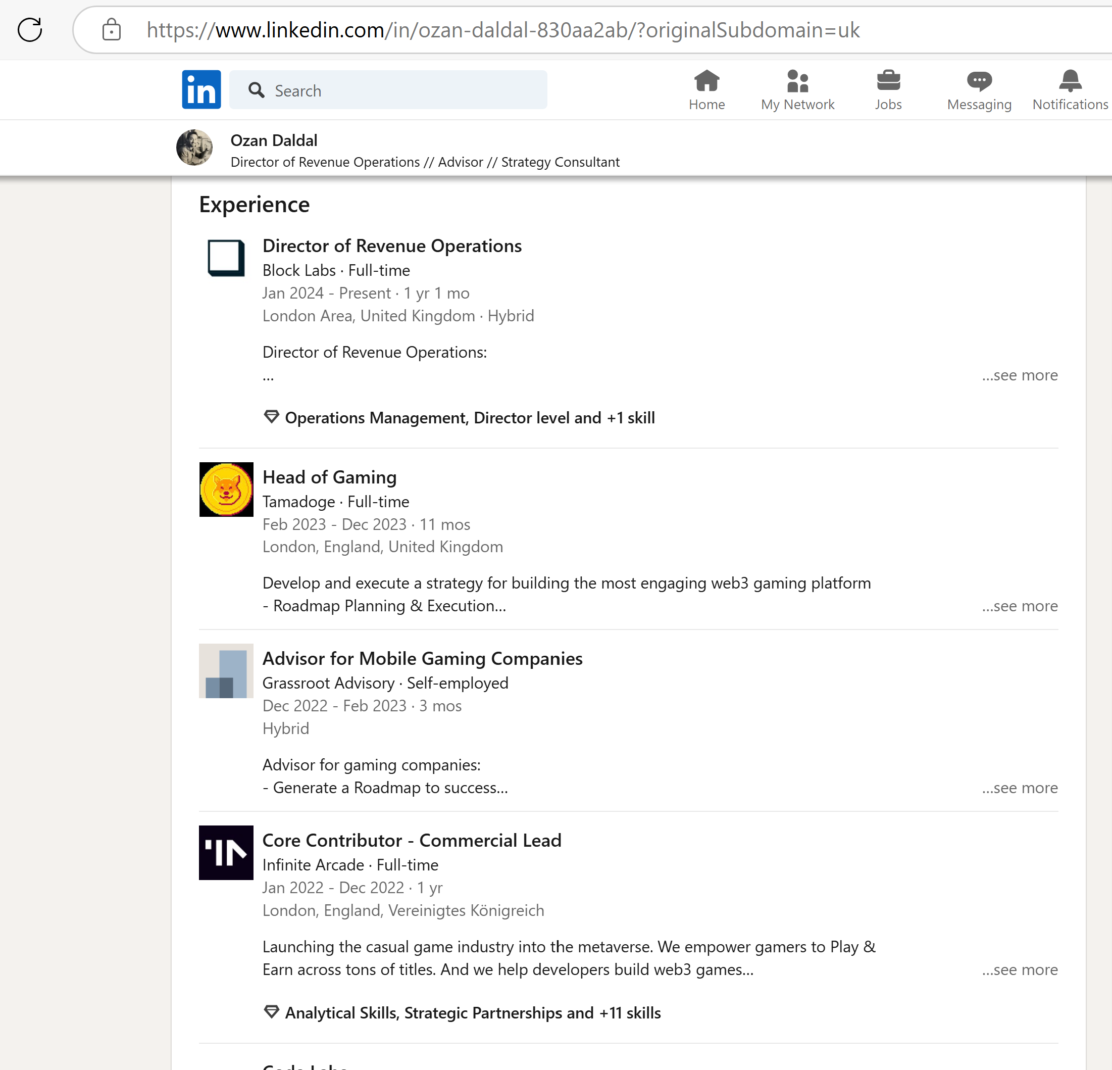 A screenshot from Ozan Daldal’s LinkedIn profile displaying his roles at both Block Labs and Tamadoge