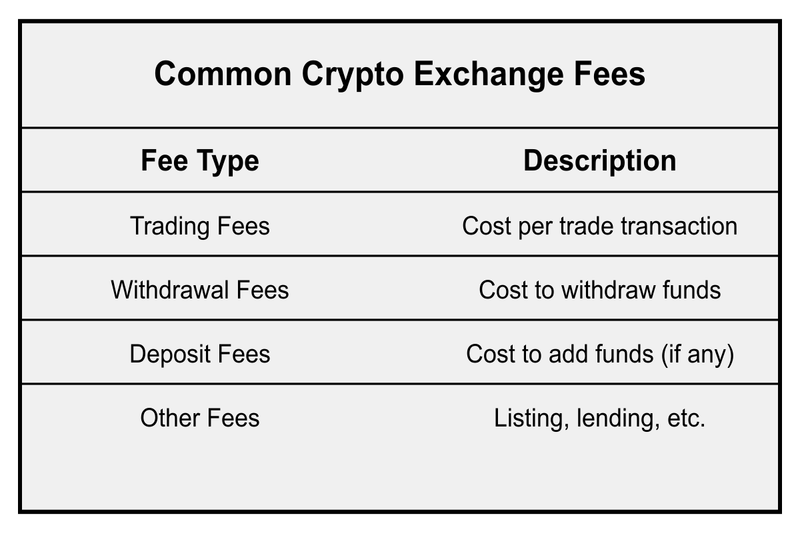 A table titled "Common Crypto Exchange Fees" listing four fee types: Trading Fees (cost per trade transaction), Withdrawal Fees (cost to withdraw funds), Deposit Fees (cost to add funds, if any), and Other Fees (such as listing and lending fees).