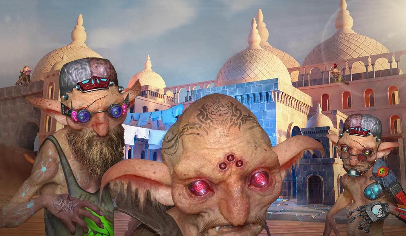 Three futuristic MetaGoblins facing the reader. One is bald, and the other two are wearing hats. All three are wearing unusual sunglasses and have bionic body parts, with metallic limbs and glowing features. The background is a high-tech, sci-fi setting, enhancing their advanced and otherworldly appearance.