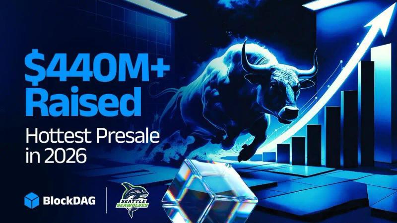 Promotional graphic showing a bull, rising chart, and text claiming over $440 million raised in the BlockDAG presale as of January 2026.