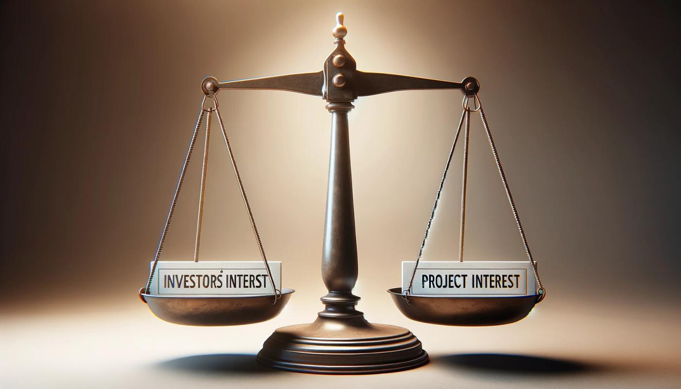 On a brown-white gradient background, a balanced scale with a card labeled 'Investor Interest' on one side and 'Project Interest' on the other