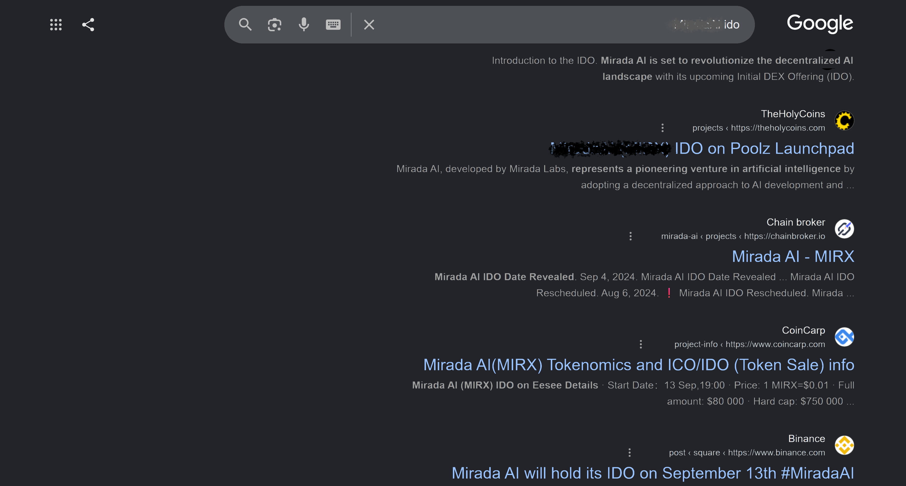 oogle Search in dark mode showing a TheHolyCoins result above Chain Broker and CoinCarp, with parts of the query and result title obscured.