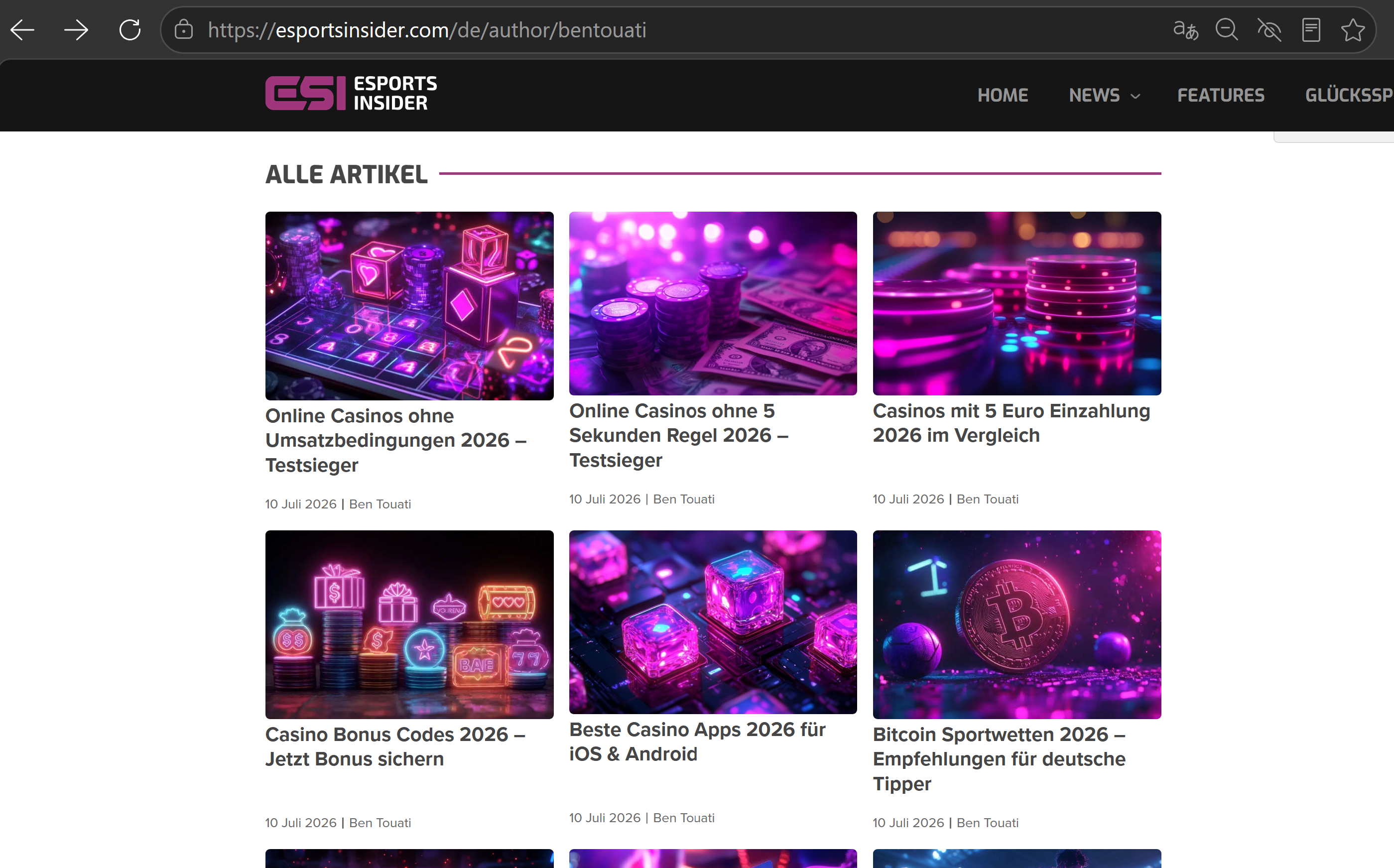 Screenshot of the Esports Insider author archive showing multiple gambling and casino articles published under Ben Touati's byline, supporting allegations involving Clickout Media and AI-generated content.