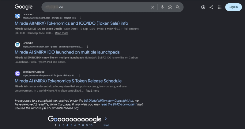 Bottom of a dark-mode Google results page showing CoinCarp, LinkedIn, and CoinLaunch listings, followed by a notice stating that two results were removed following a DMCA complaint.