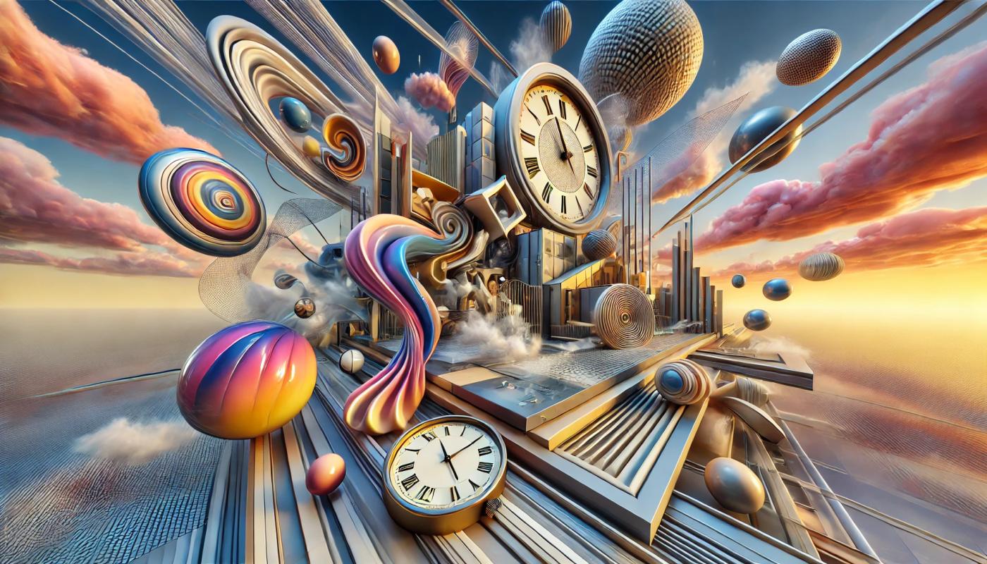 A surrealistic contemporary art piece featuring abstract and dreamlike elements. The scene includes distorted shapes, vibrant colors, and unusual objects like floating geometric forms, melting clocks, and impossible architecture that defies the laws of physics.